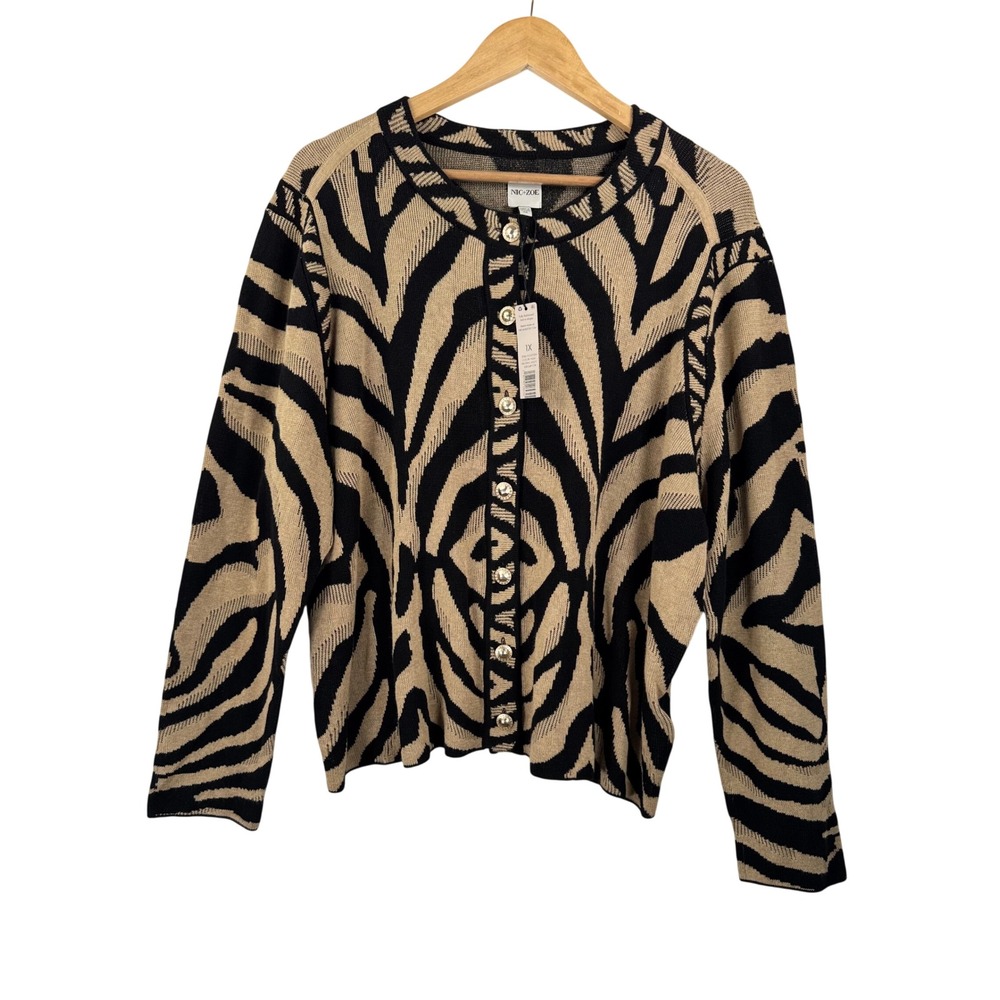 NIC+ZOE Cardiganā sz 1X Tan Black Zebra Print Button Front boho money